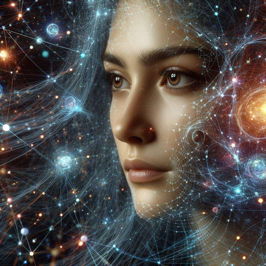 Ein Gesicht einer jungen Frau, um sie herum das Universum.