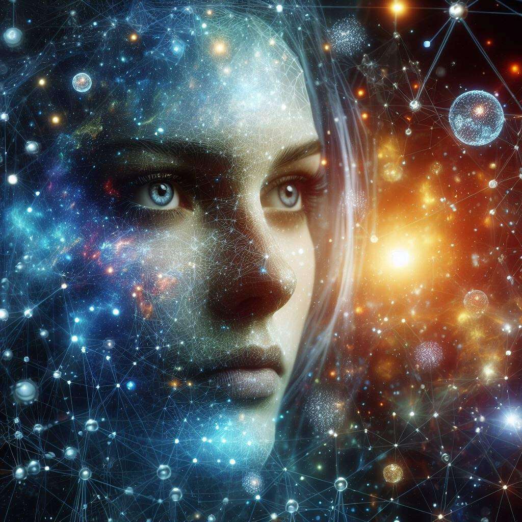 Das Gesicht einer Frau in der Matrix des Universums.