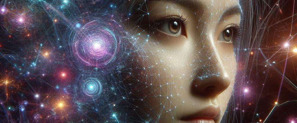 Das Gesicht einer Frau in der Matrix des Universums.