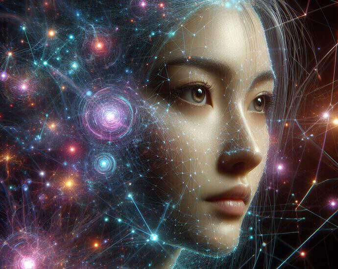 Das Gesicht einer Frau in der Matrix des Universums.