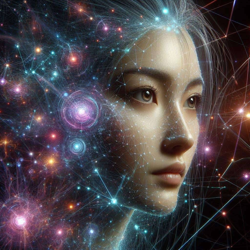 Das Gesicht einer Frau in der Matrix des Universums.