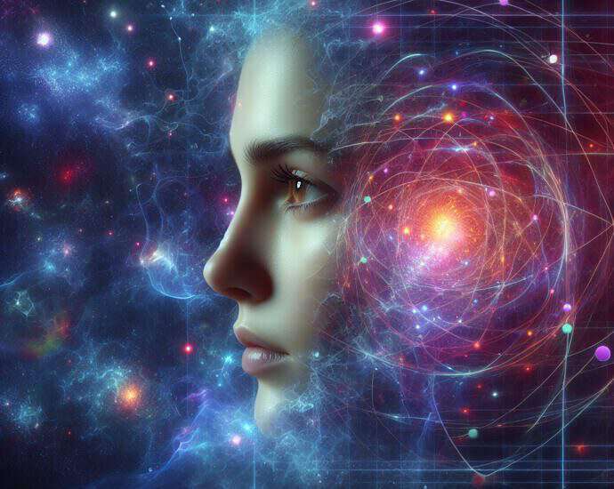 Das Gesicht einer Frau in der Matrix des Universums.