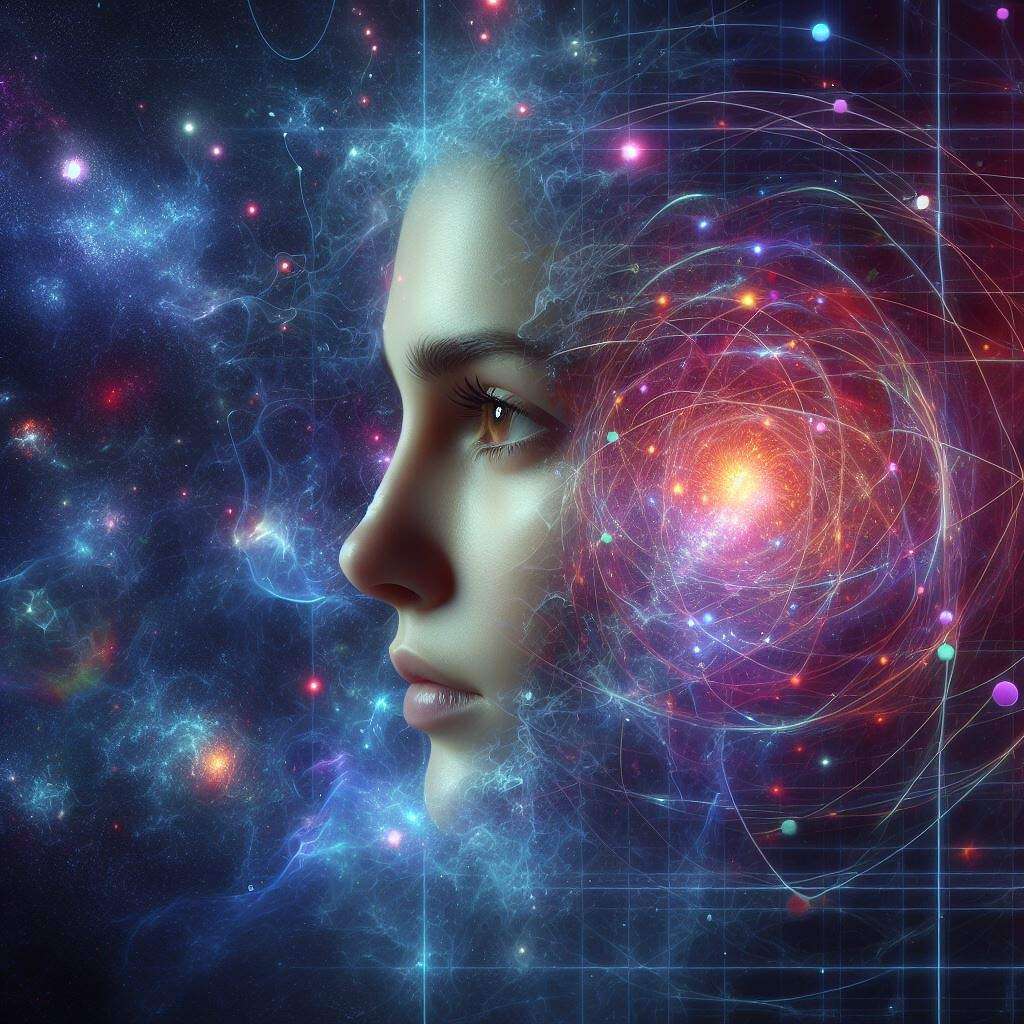 Das Gesicht einer Frau in der Matrix des Universums.