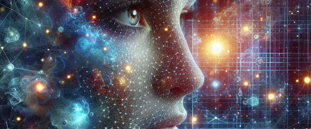 Das Gesicht einer Frau in der Matrix des Universums.