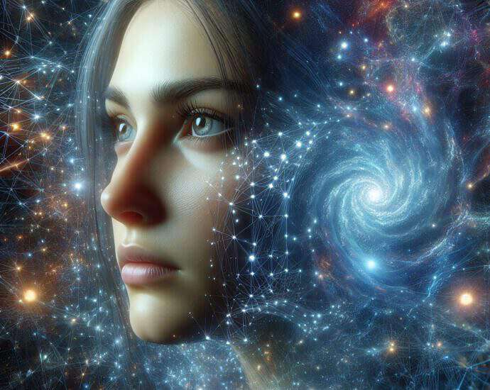 Das Gesicht einer Frau in der Matrix des Universums.