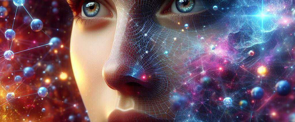 Das Gesicht einer Frau in der Matrix des Universums.