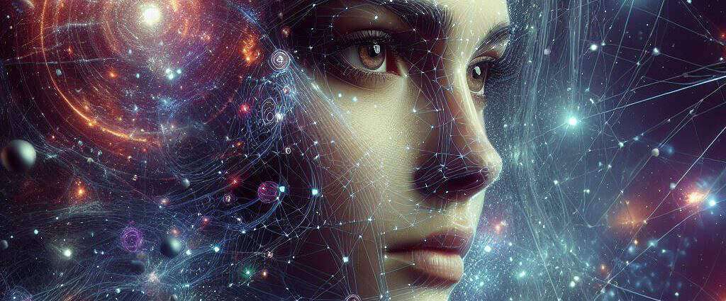 Quantenbild des unisersums, und ein Gesicht einer jungen Frau im Kosmos.