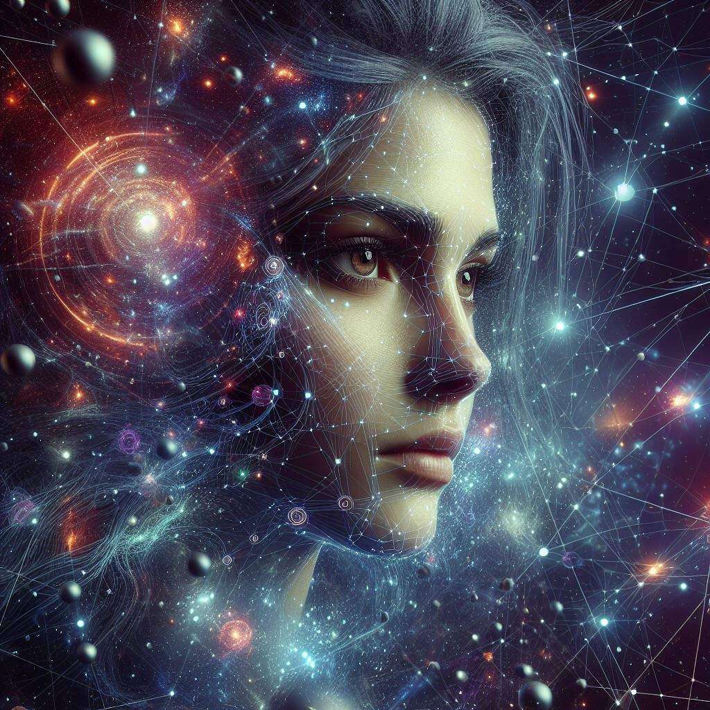 Quantenbild des unisersums, und ein Gesicht einer jungen Frau im Kosmos.
