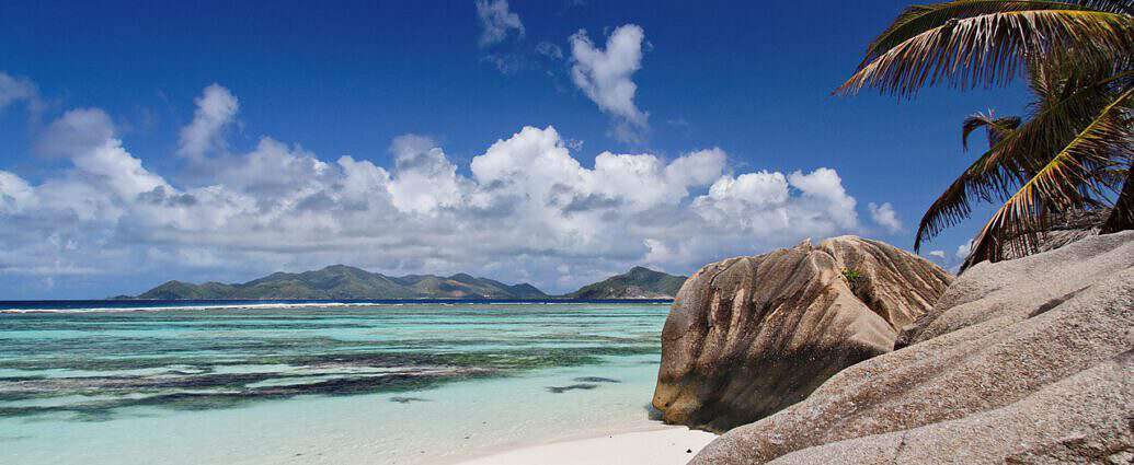 Ein Bild von einem wunderschönen Strand auf den Seychellen, mit Blick auf das Meer und Palmen.