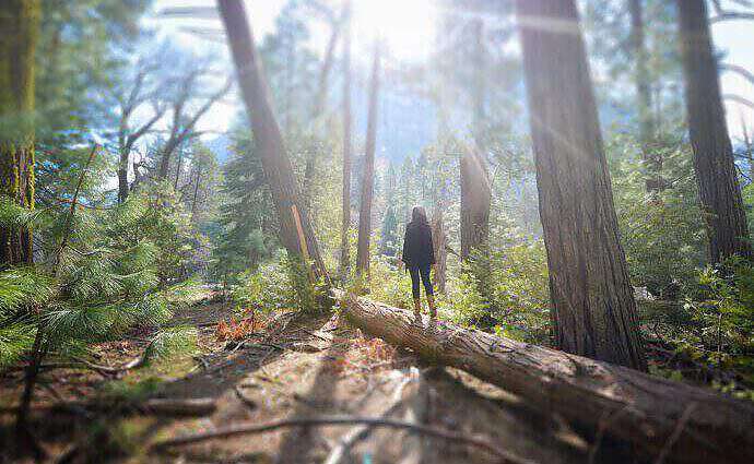 Eine junge Frau steht im Wald und entspannt sich.