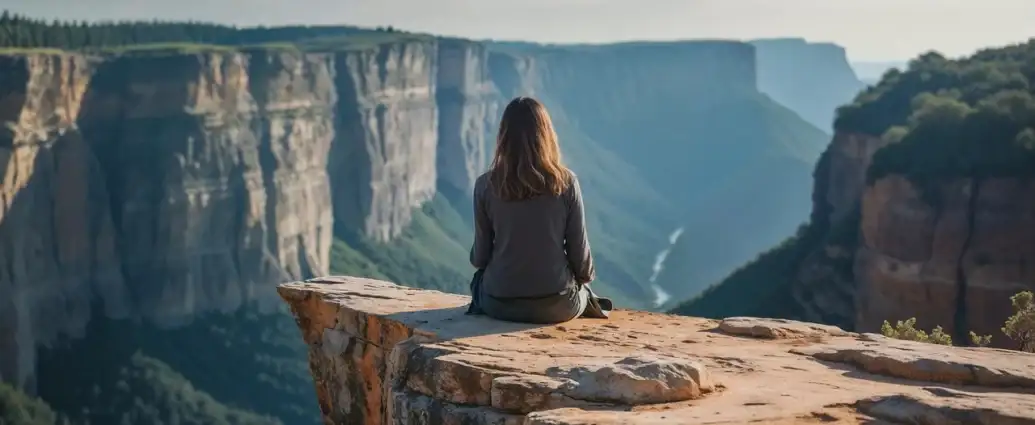 Auf einer Klippe sitzt eine Frau und schaut auf die Berge.