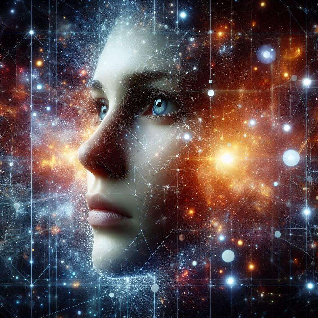 Das bild zeigt eine junge frau die von einer matrix des kosmischen universums umgeben ist