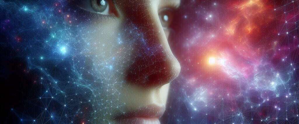 Neu das bild zeigt eine junge frau die von einer matrix des kosmischen universums umgeben ist ()