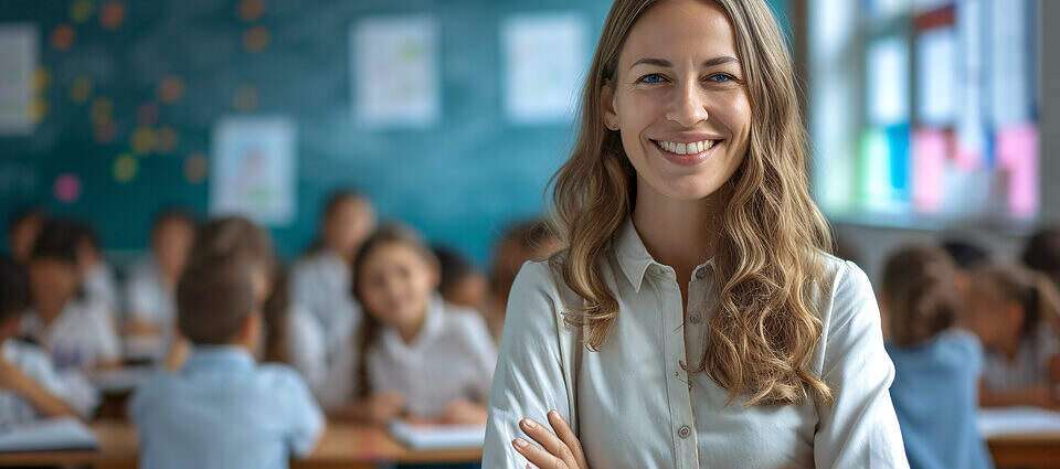 Eine junge Frau, die im Klassenzimmer vor den Schülern lacht.