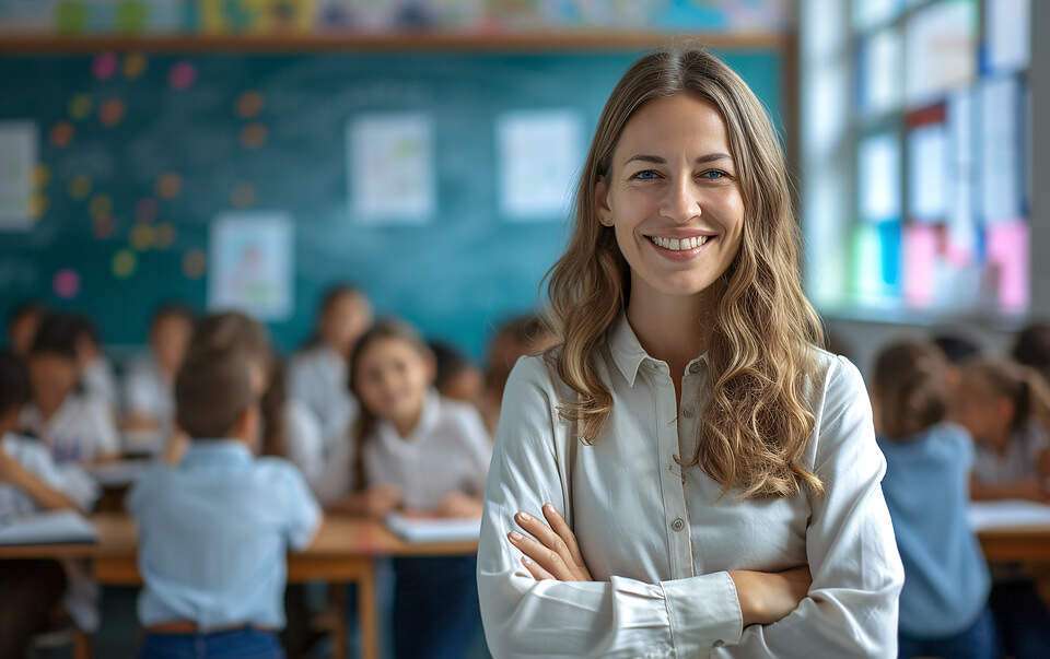 Eine junge Frau, die im Klassenzimmer vor den Schülern lacht.