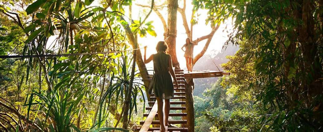 Eine junge Frau geht auf einer Plattform hoch oben in den Baumkronen und genießt die atemberaubende Aussicht.