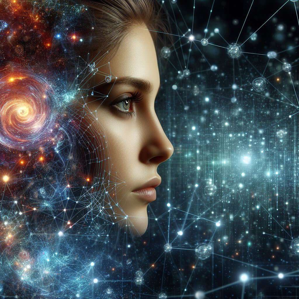 Ein Gesicht einer jungen Frau, umgeben von einem Universum und Kosmos in einer Matrix.
