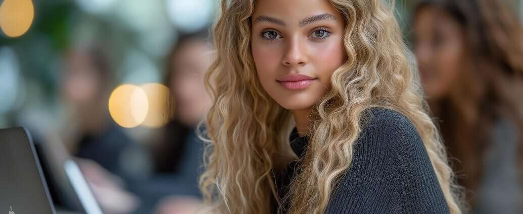 Nachdenklich schaut eine junge Studentin in den Raum.