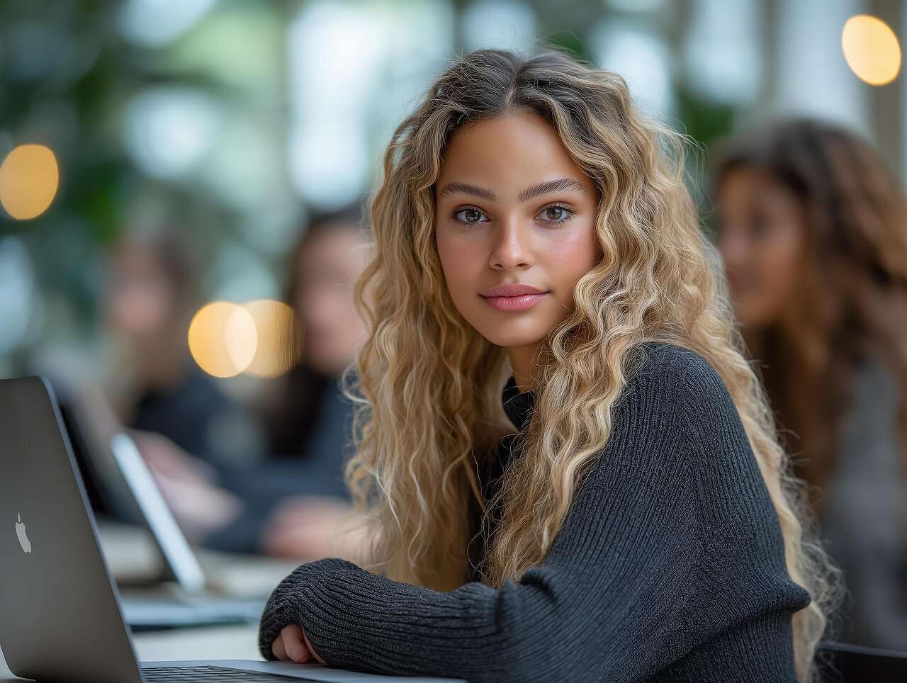 Nachdenklich schaut eine junge Studentin in den Raum.