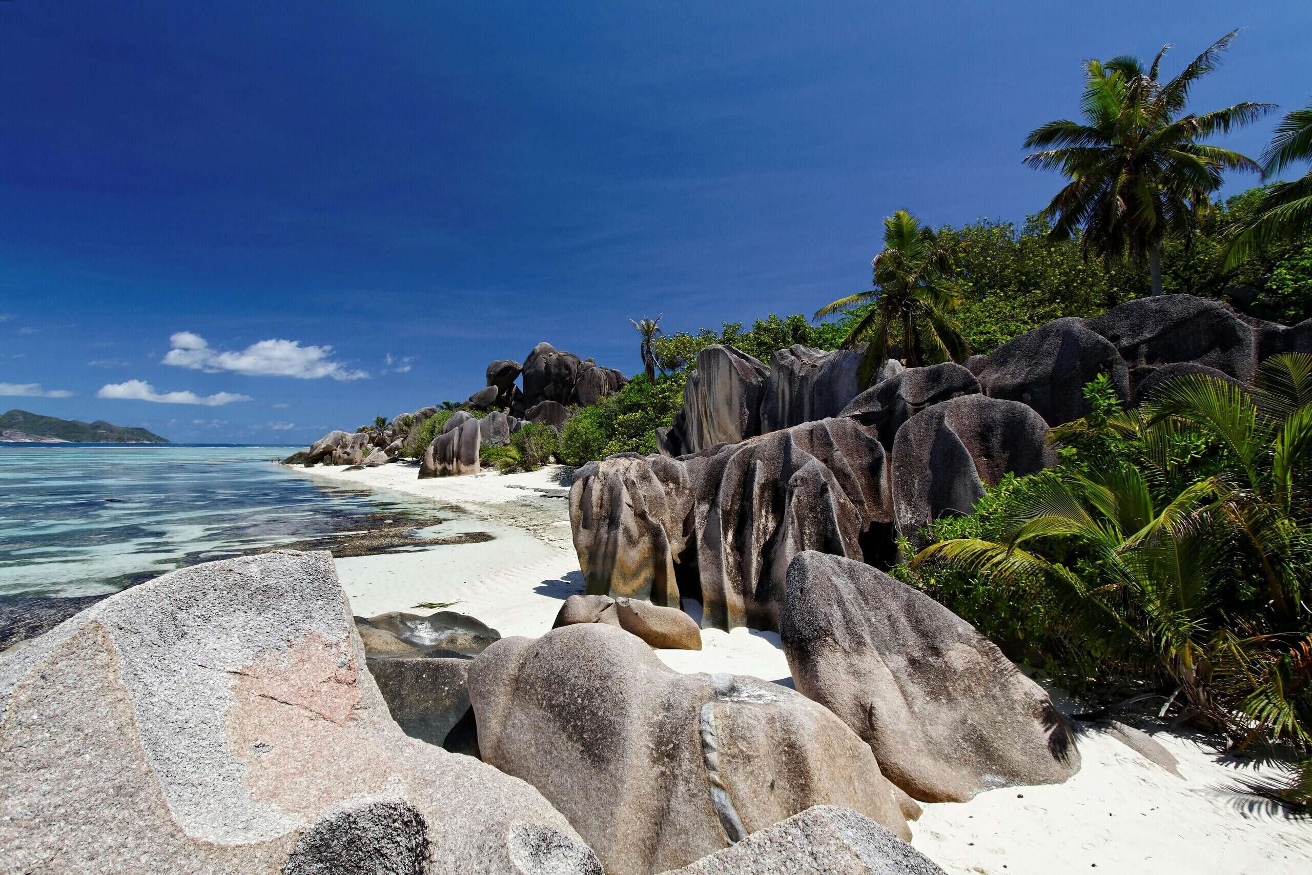 Ein Bild von den Seychellen mit Natursteinen, Palmen, Meer und einem wunderschönen Strand.