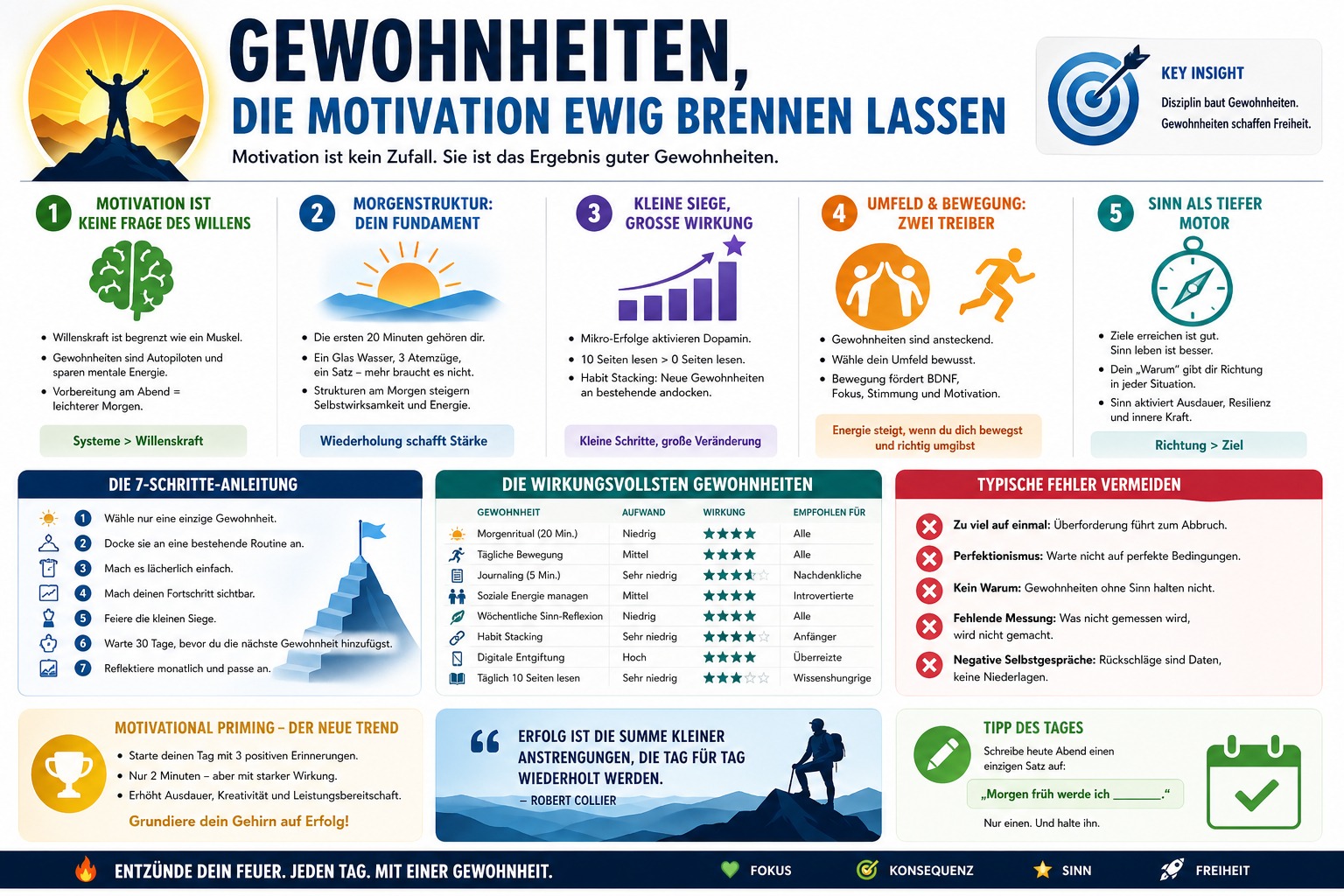 Infografik Gewohnheiten die Motivation ewig brennen lassen