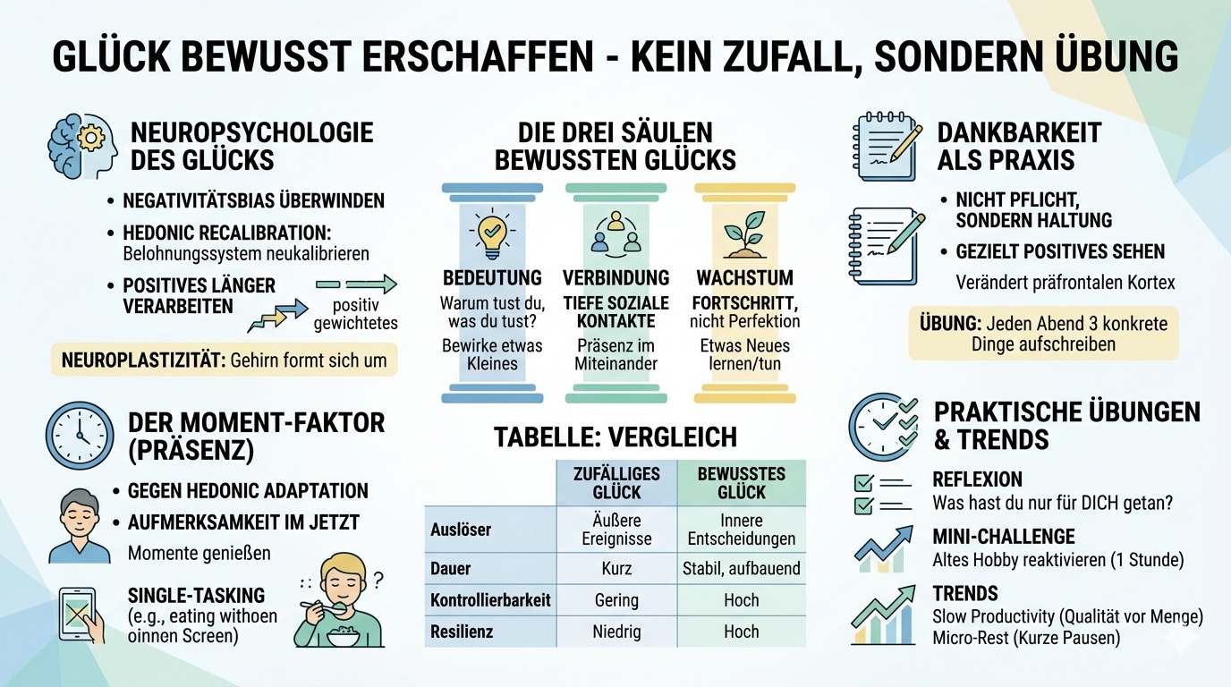 Infografik Glück bewusst erschaffen statt zufällig finden