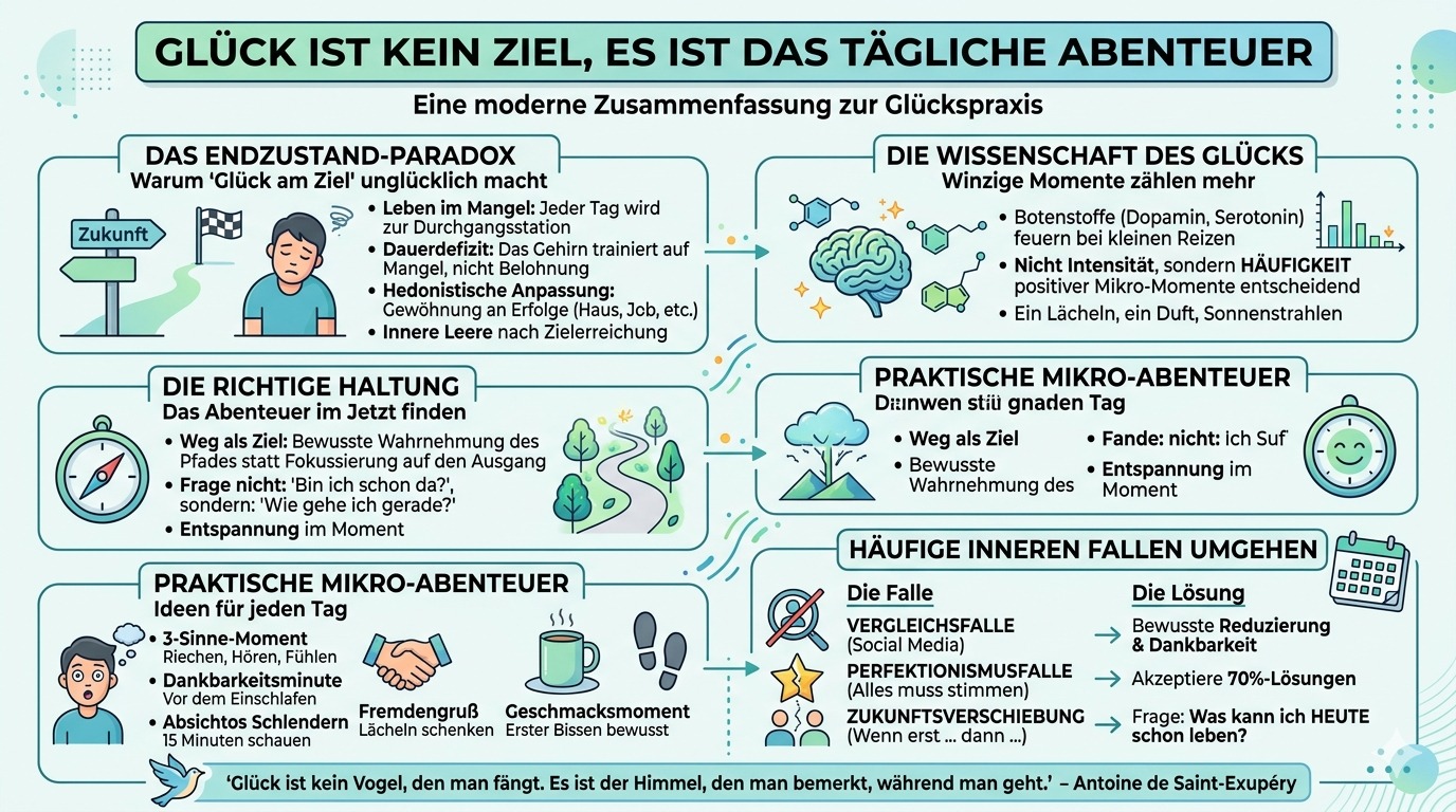 Infografik Glück ist kein Ziel, es ist das tägliche Abenteuer