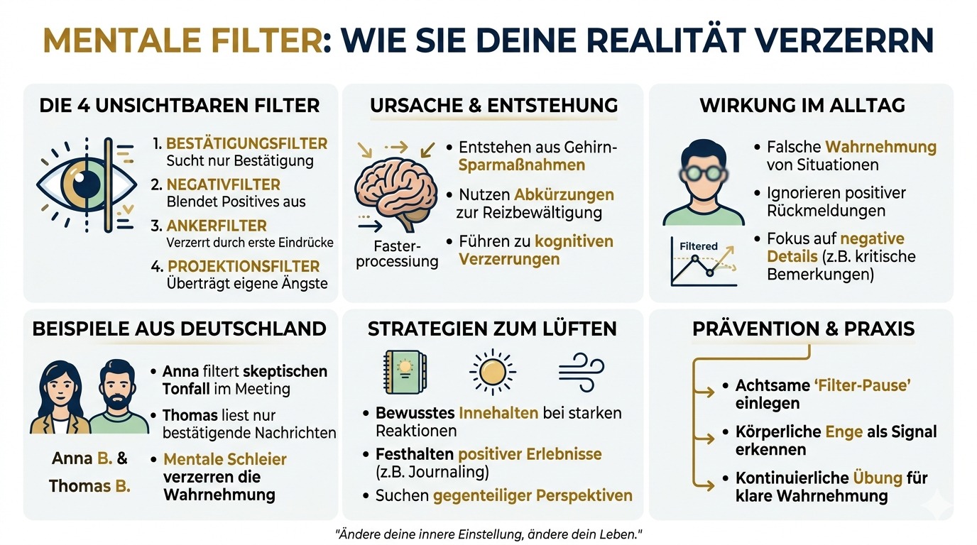 Infografik Mentale Filter verzerren dein Leben täglich.
