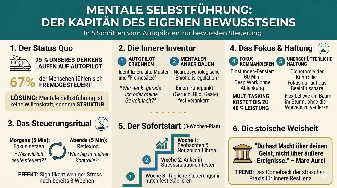 Infografik Mentale Selbstführung in fünf klaren Schritten Infografik Mentale Selbstführung in fünf klaren Schritten