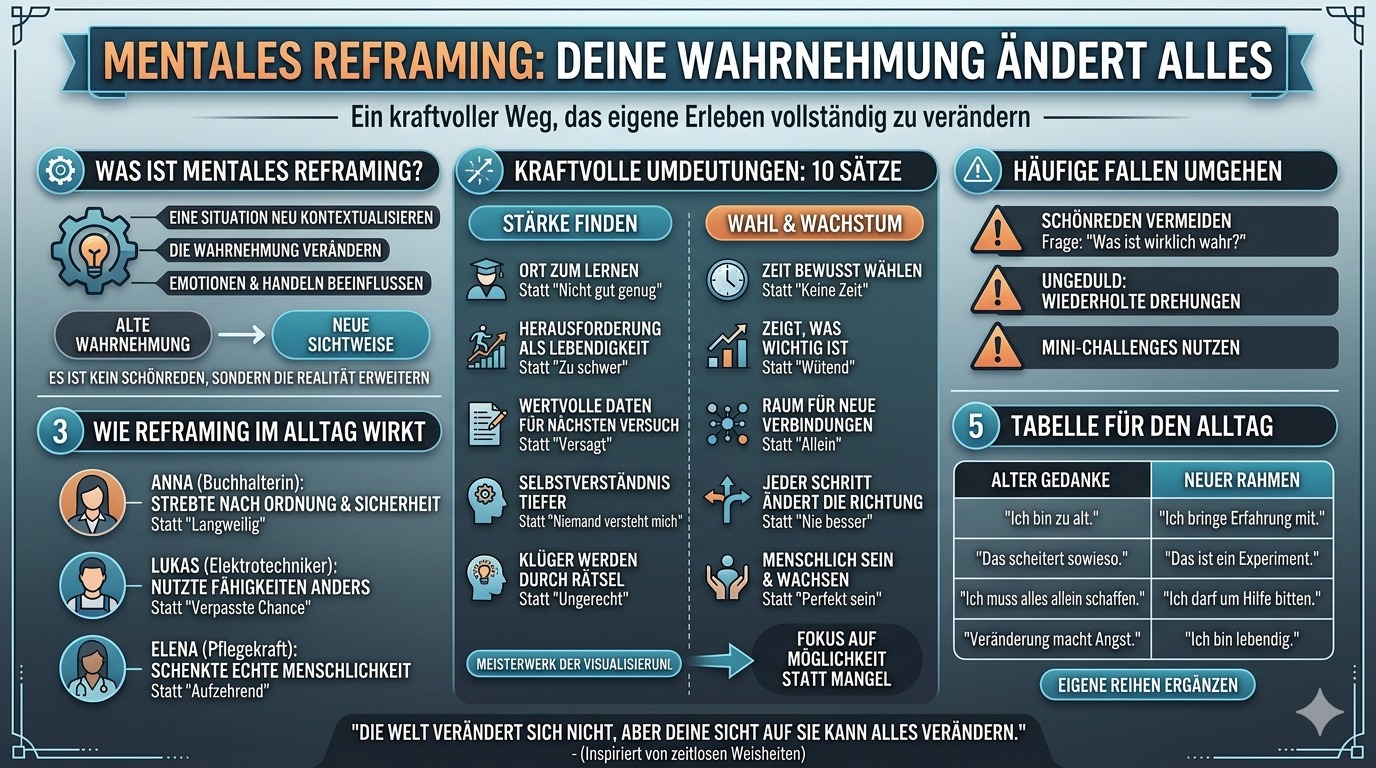Infografik Mentales Reframing verändert deine Welt sofort.