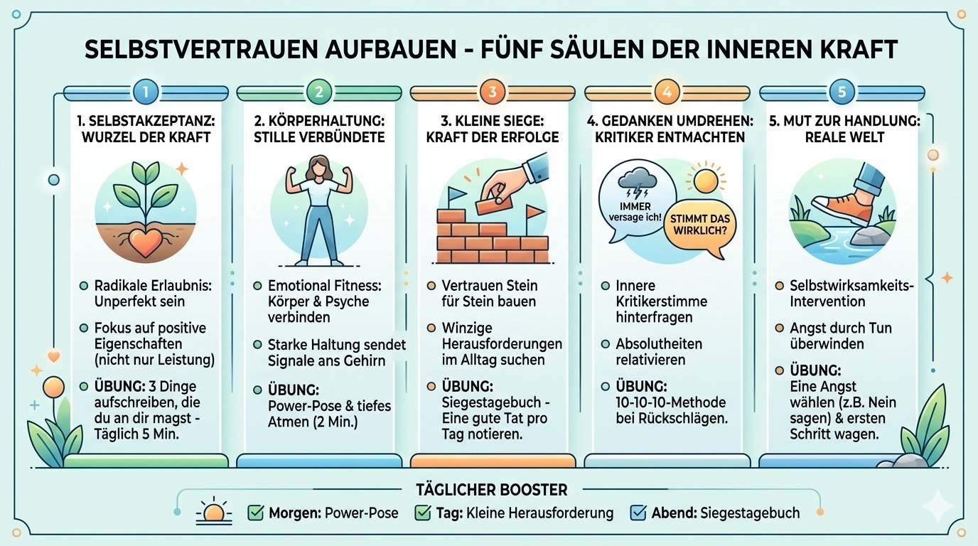 Infografik Selbstvertrauen aufbauen – Fünf Säulen der inneren Kraft