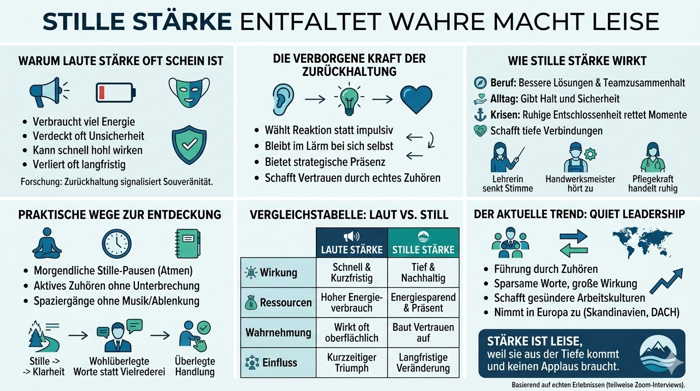 Infografik Stille Stärke entfaltet wahre Macht leise.
