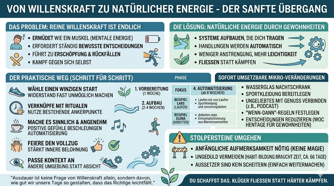 Infografik Von Willenskraft zu natürlicher Energie sanfter Übergang 