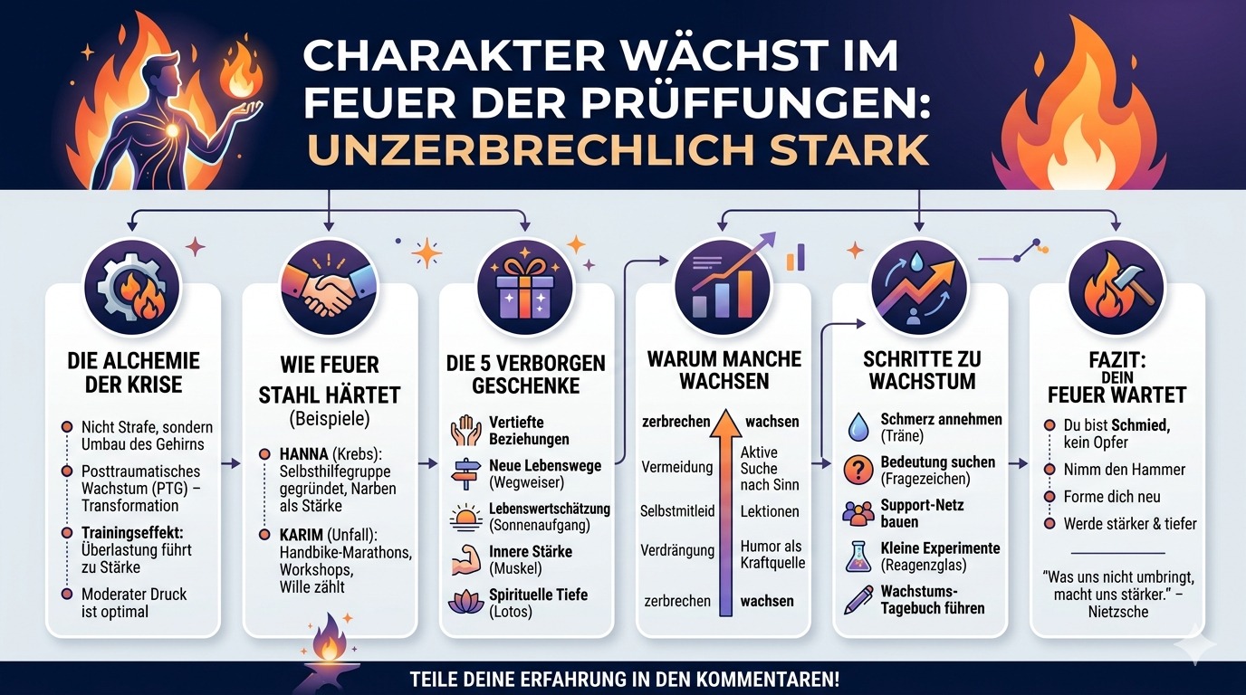 Infografik Charakter wächst im Feuer der Prüfungen unzerbrechlich stark
