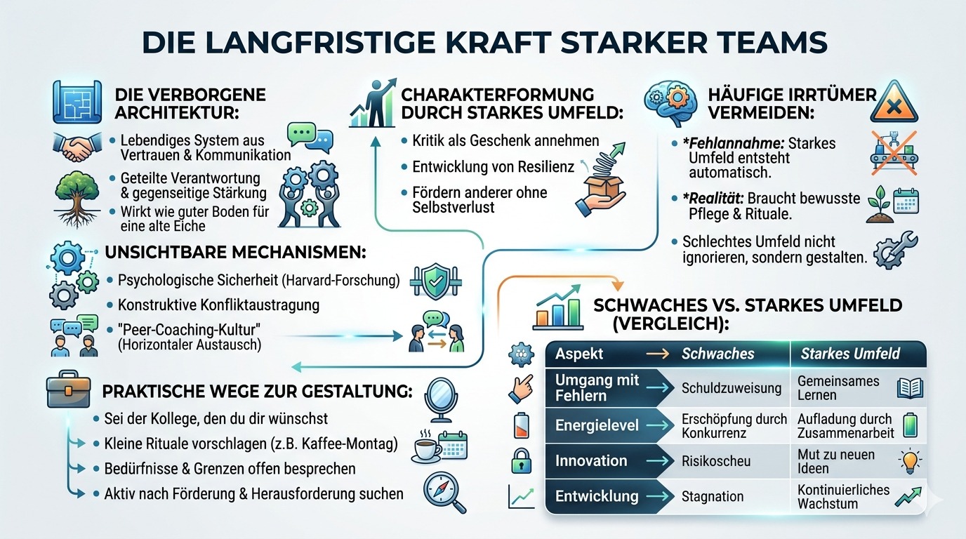 Infografik Die langfristige Kraft starker Teams entfaltet sich. 
