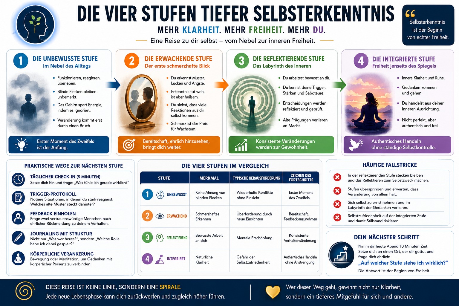 Infografik Die vier Stufen tiefer Selbsterkenntnis.
