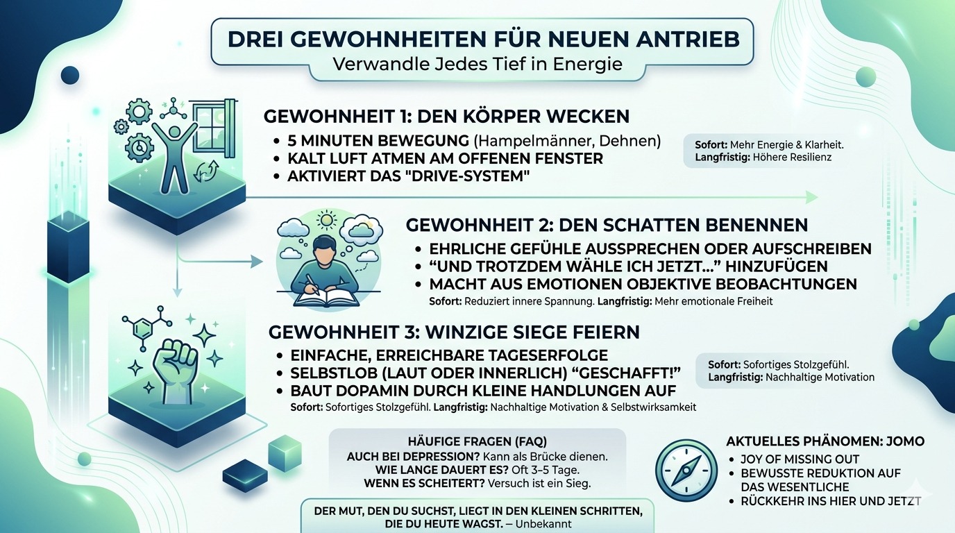 Infografik Drei Gewohnheiten, die jedes Tief in neuen Antrieb verwandeln