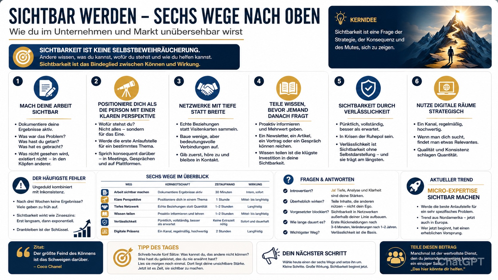 Infografik Sichtbar werden – sechs Wege nach oben