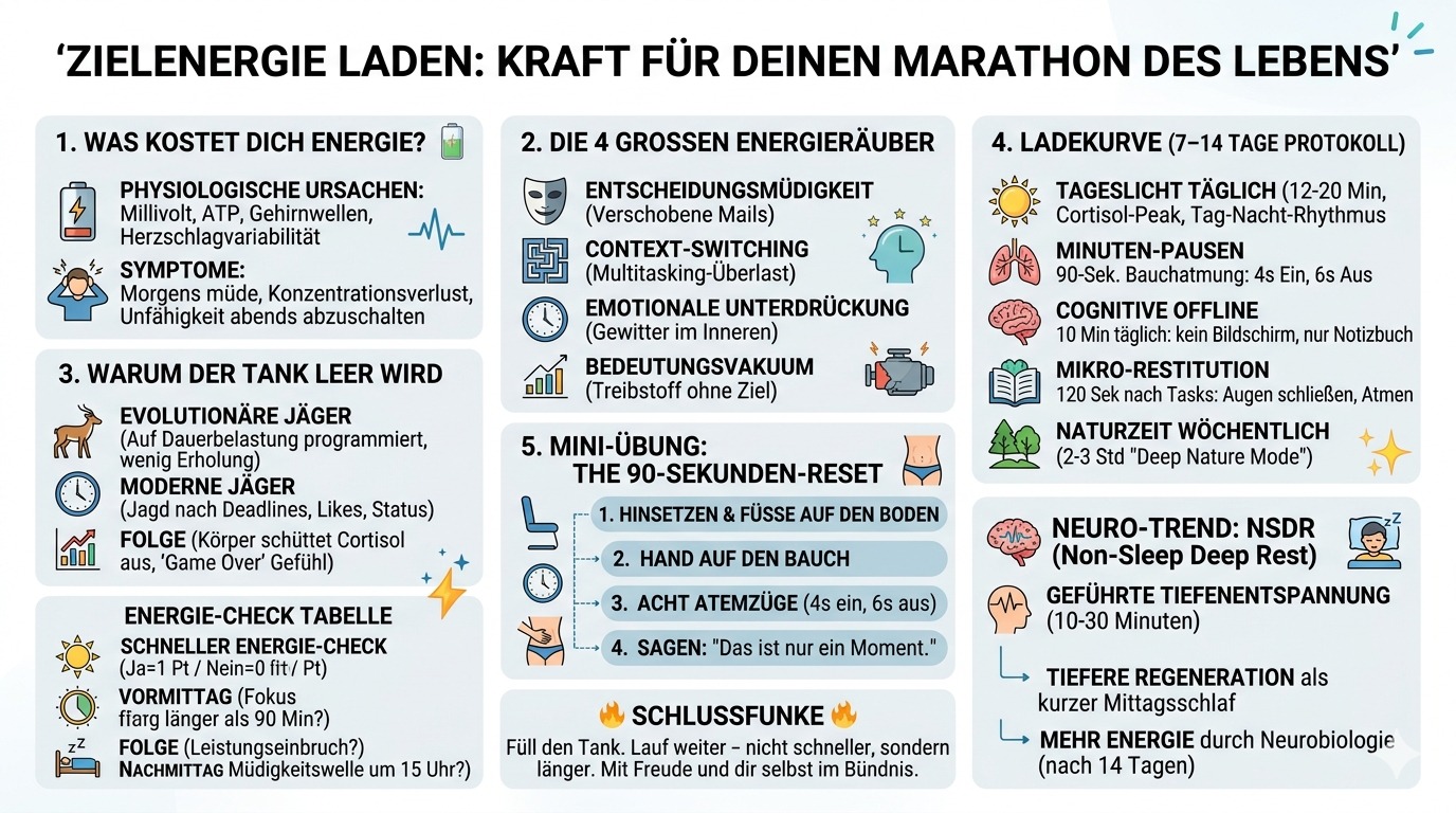 Infografik Zielenergie laden – Kraft für den Marathon deines Lebens