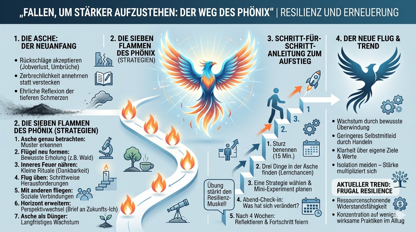 Infografik „Fallen, um stärker aufzustehen Der Weg des Phönix“