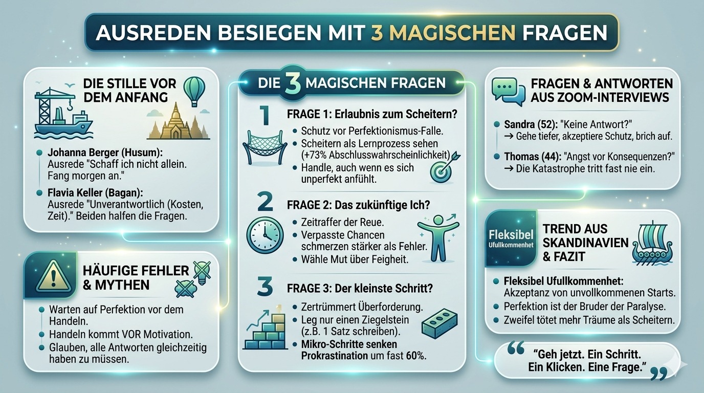 Infografik 3 magische Fragen besiegen Ausreden!