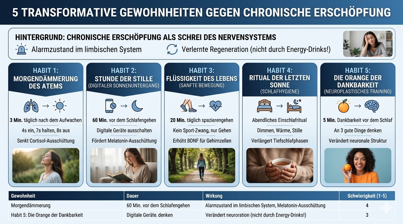 Infografik 5 Habits gegen chronische Erschöpfung Infografik 5 Habits gegen chronische Erschöpfung