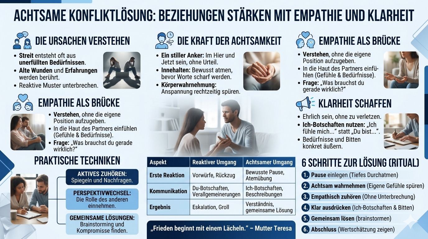 Infografik Achtsame Konfliktlösung Techniken mit Empathie und Klarheit in Beziehungen