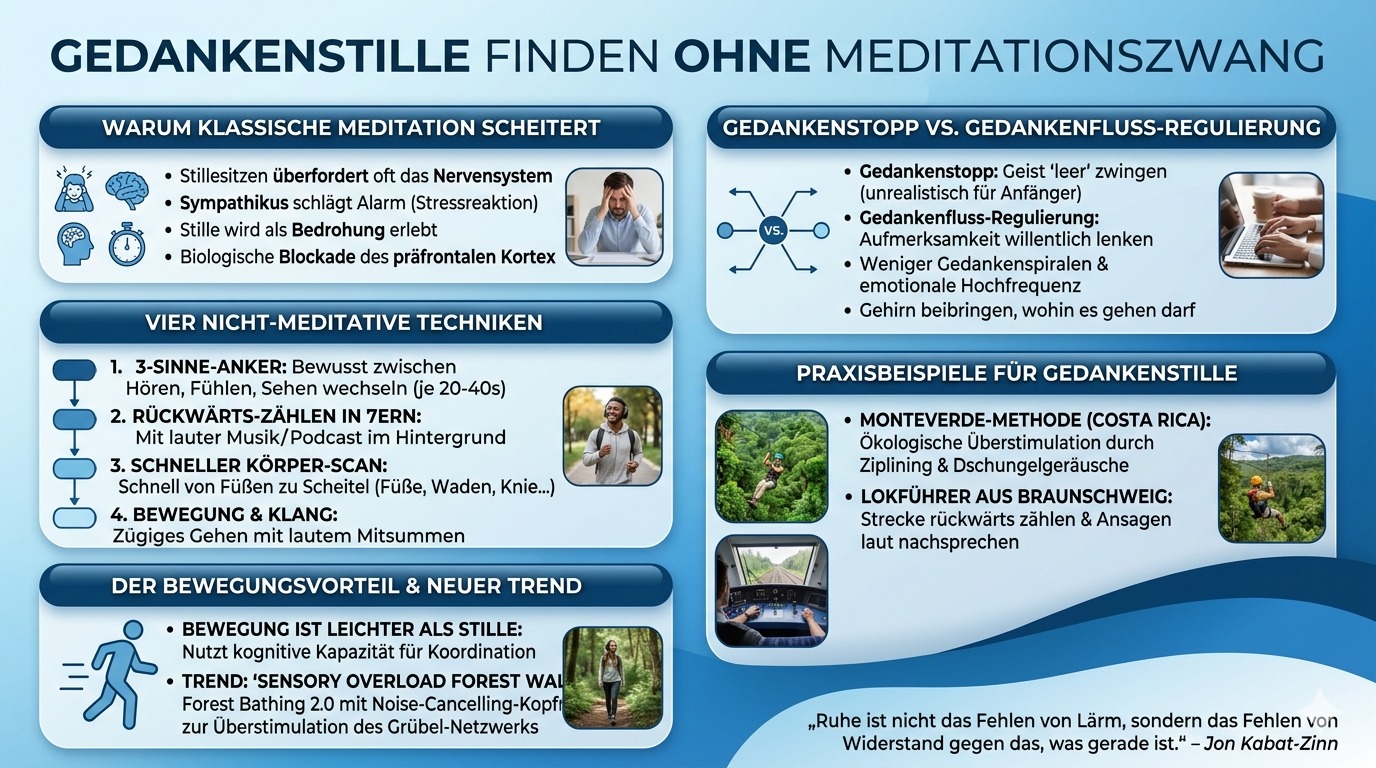 Infografik Gedankenstille finden – ohne Meditationszwang