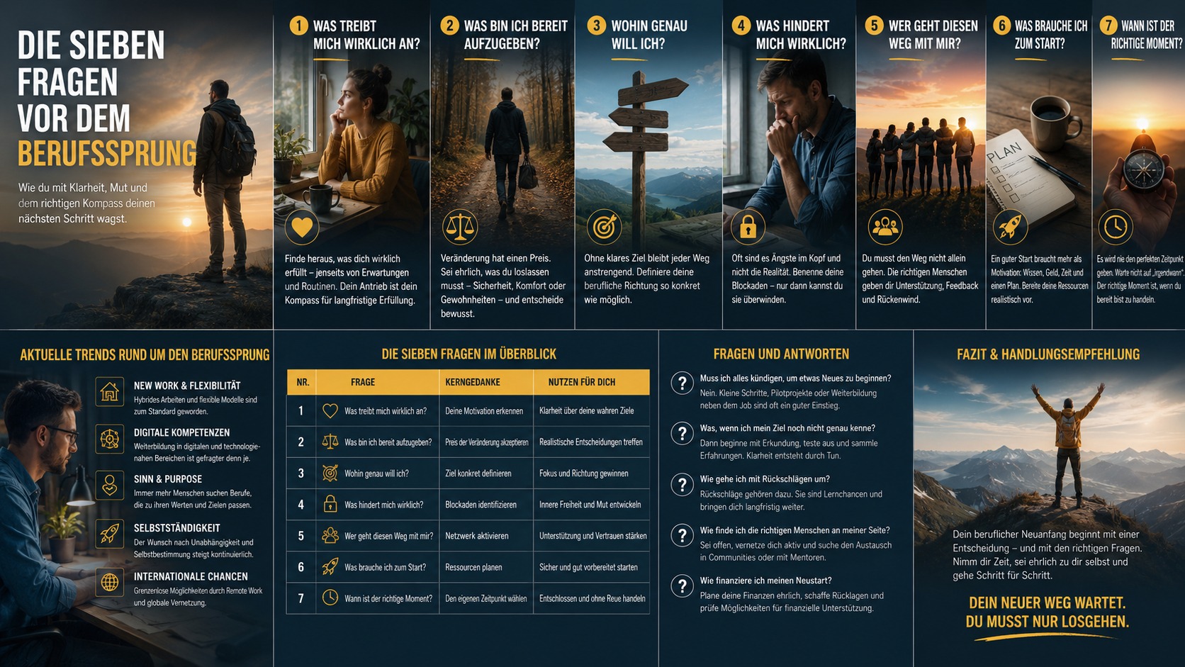 Infografik Die sieben Fragen vor dem Berufssprung