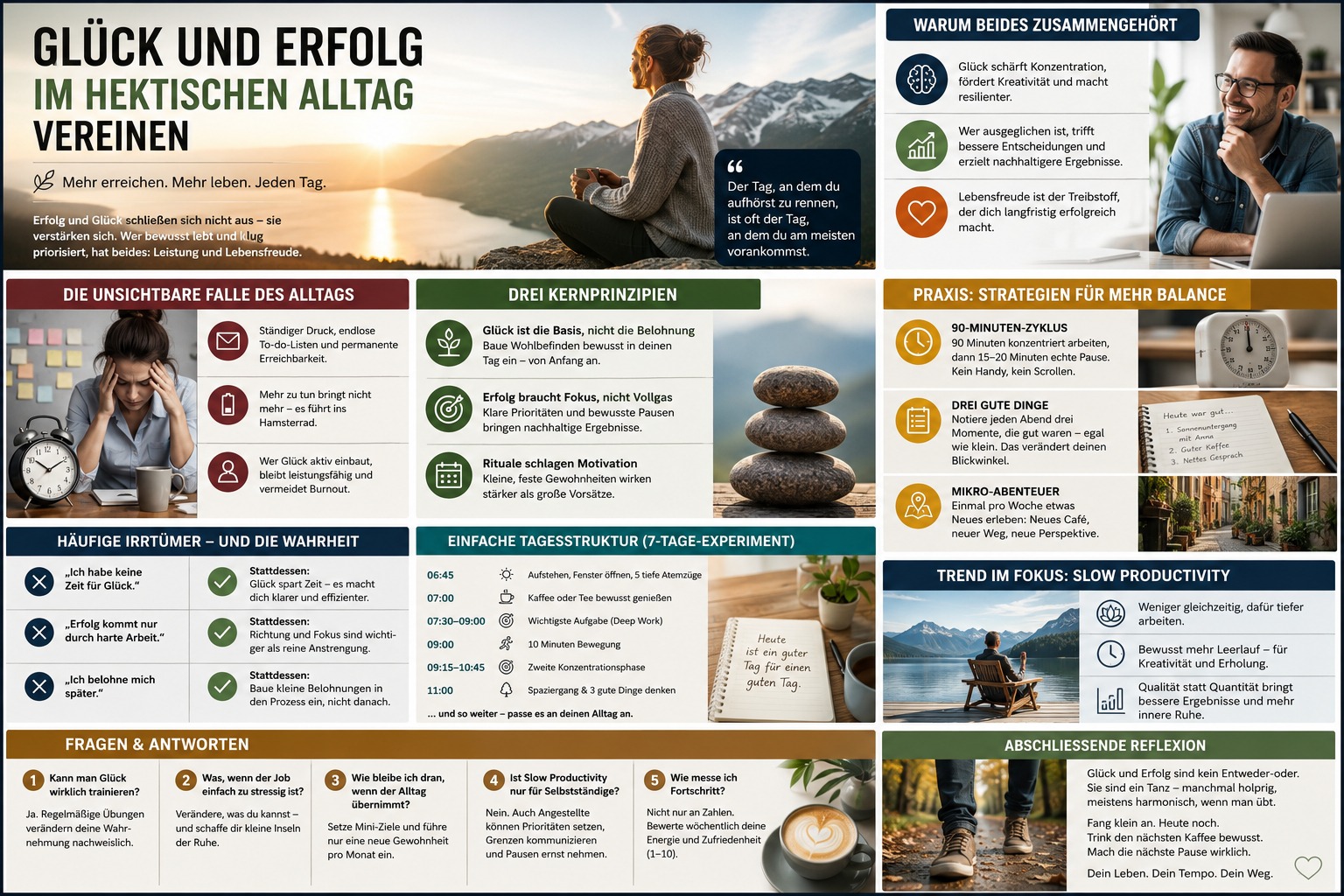 Infografik Glück und Erfolg im hektischen Alltag vereinen
