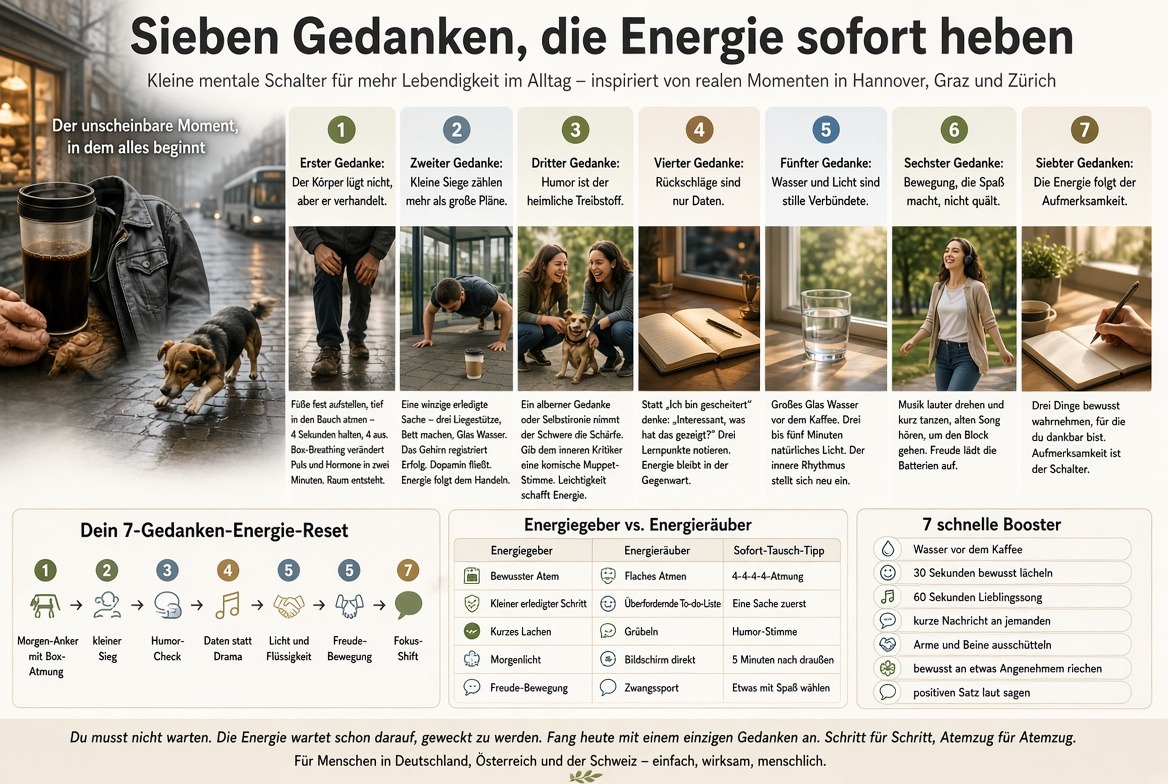 Infografik Sieben Gedanken die Energie sofort heben