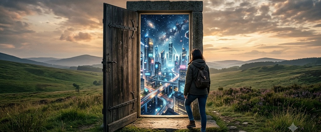 Alte Holztür in einer Landschaft öffnet den Blick auf eine futuristische Welt mit Licht, Sternen und neuen Möglichkeiten.