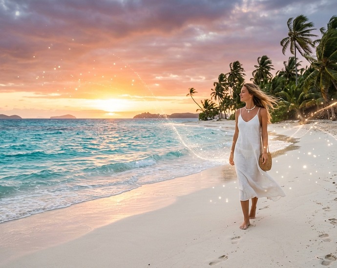 Barfuß gehende Frau an tropischem Strand mit Palmen, türkisfarbenem Meer und Sonnenuntergang. Symbol für Freiheit und Selbstfindung.