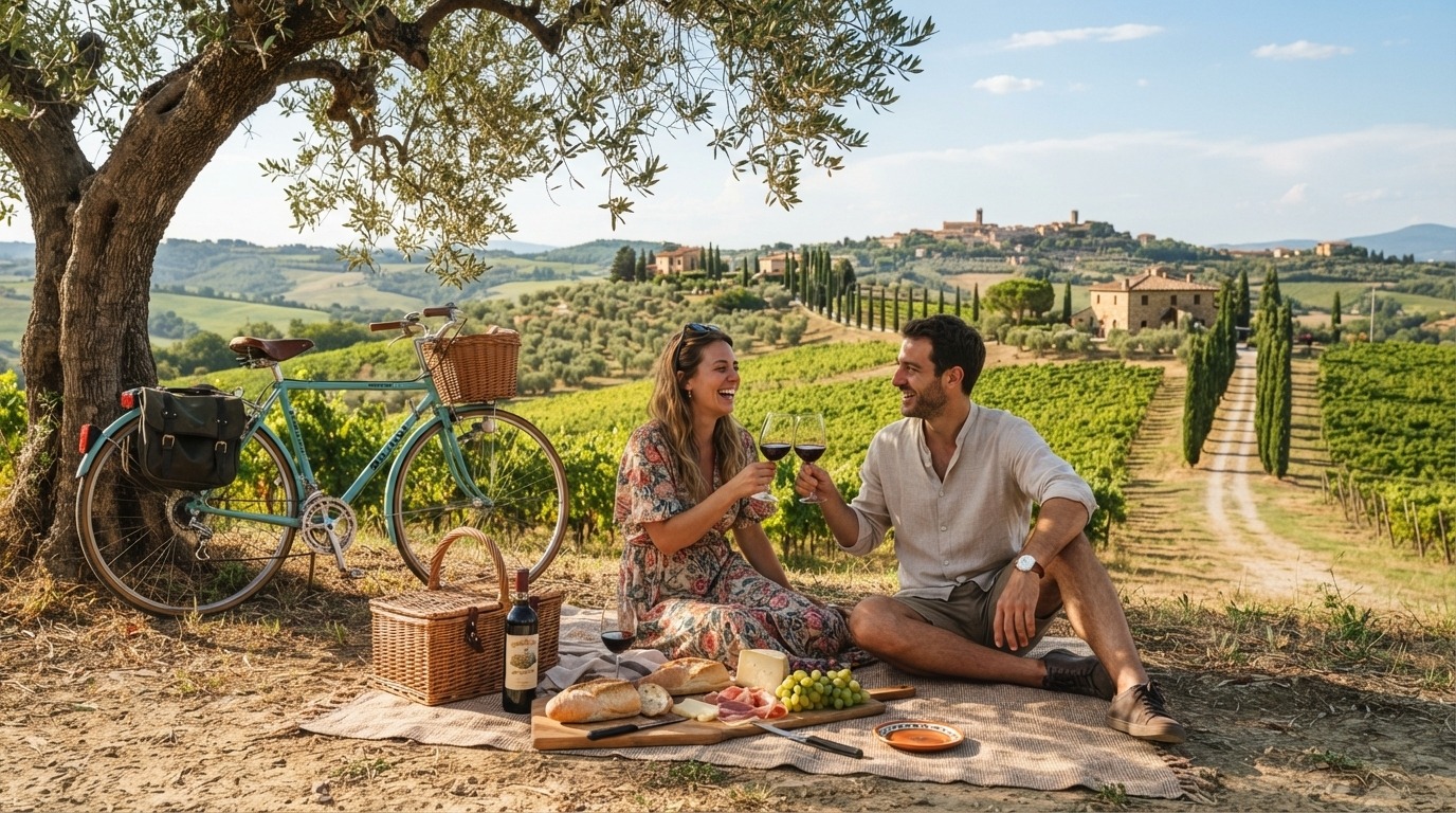 Ein Glas Chianti, frisches Brot und pure Lebensfreude unter Olivenbäumen – das perfekte Abenteuer auf zwei Rädern. Ein Glas Chianti, frisches Brot und pure Lebensfreude unter Olivenbäumen – das perfekte Abenteuer auf zwei Rädern.